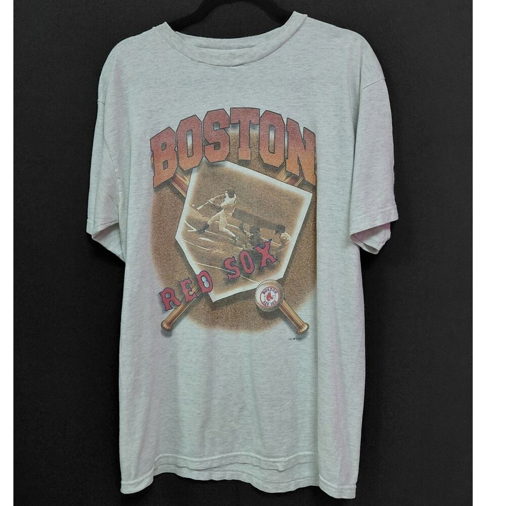 Vintage TRUE FAN Boston Red Sox Graphic Print T-Shirt Gray Knit Short Size L